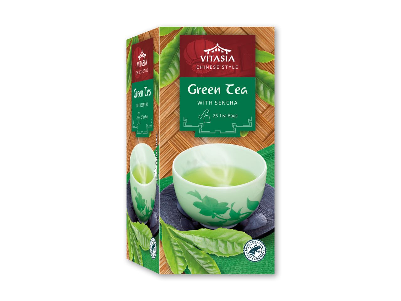 Grøn te med sencha i kinesisk stil, 25 teposer, med Rainforest Alliance-certificering.