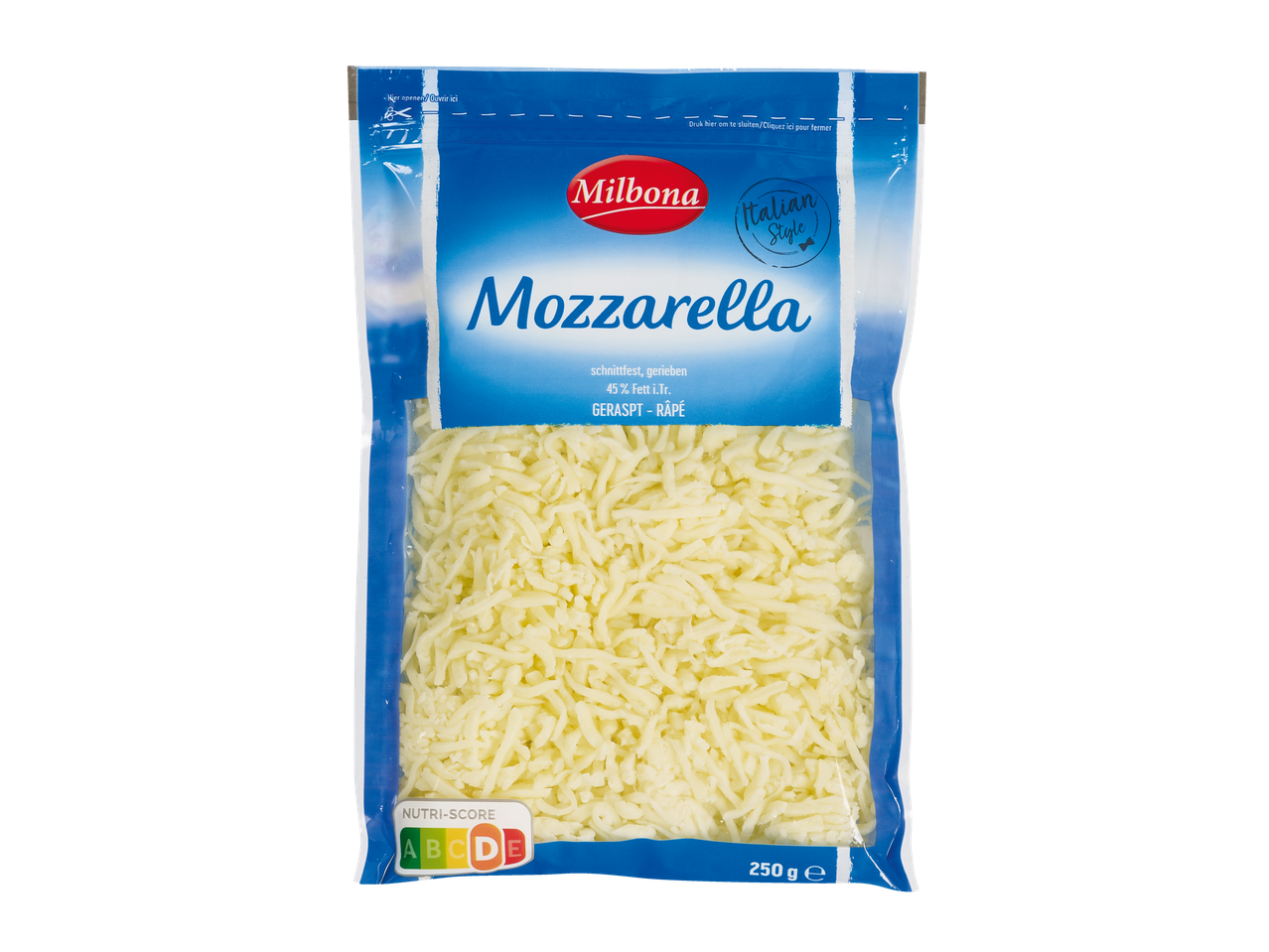 Milbona Mozzarella râpée, 250g, avec Nutri-Score A.