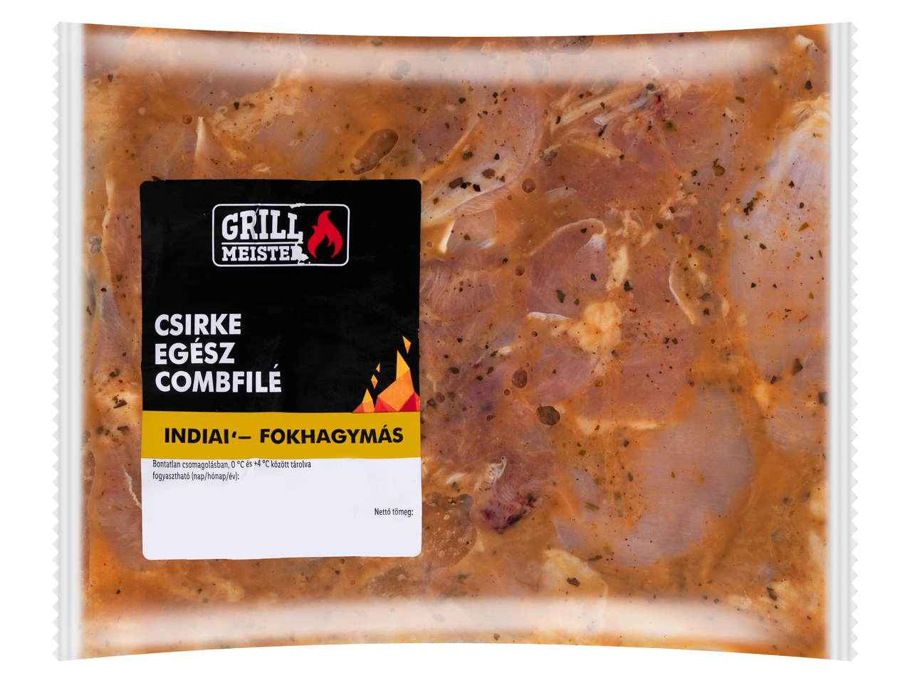 Grill Meister indiai fokhagymás marinált csirkecombfilé műanyag tasakban.