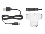 Acessórios para máquina de barbear elétrica: cabo USB, escova de limpeza e base de carregamento.