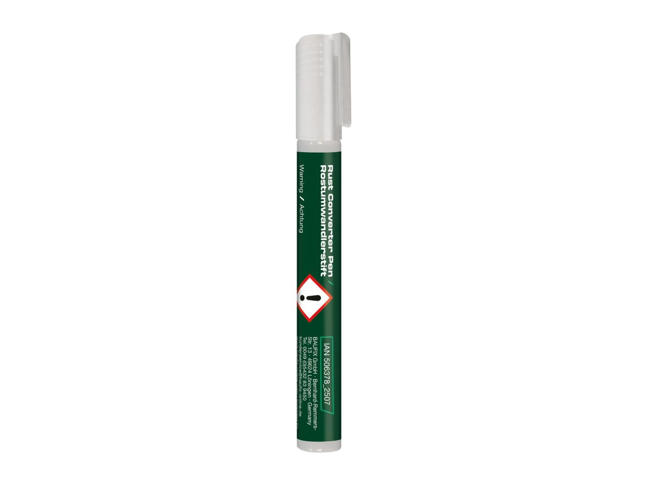 Rust converter pen with warning label and contact information.