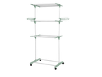 A three-tiered, wheeled clothes drying rack with a light green frame.