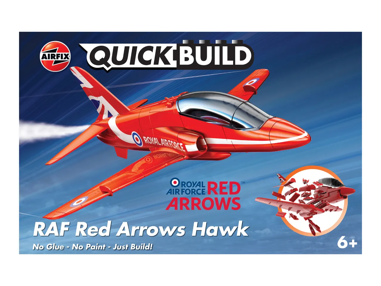 Red Arrows Hawk model kit with 'Quick Build' and 'No Glue - No Paint - Just Build!' text.