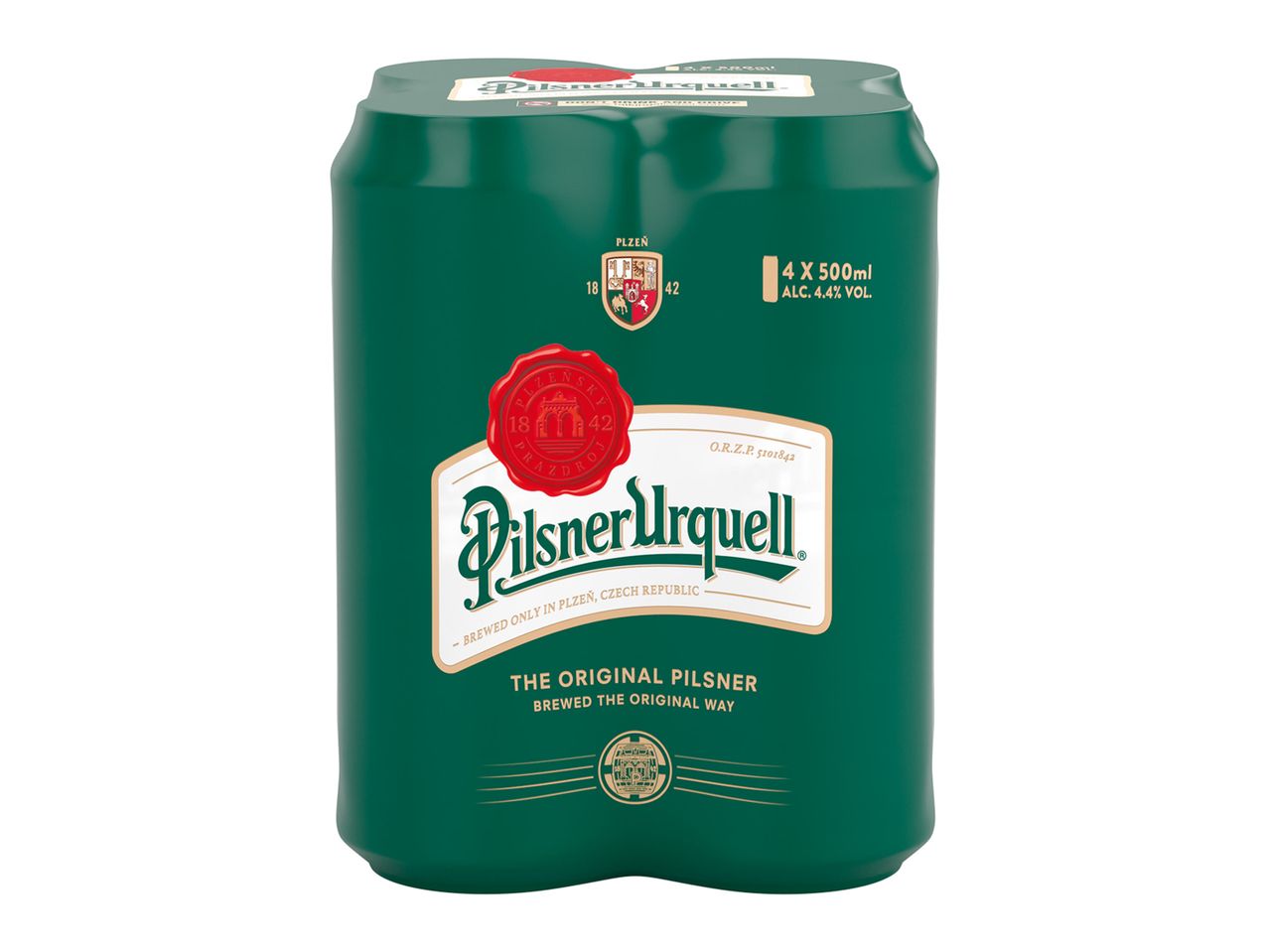 Un pachet de 4 doze de bere Pilsner Urquell de 500 ml, cu 4,4% alcool.