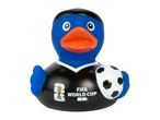 Blue rubber duck in a black shirt holding a football, with 'FIFA World Cup 26' text.