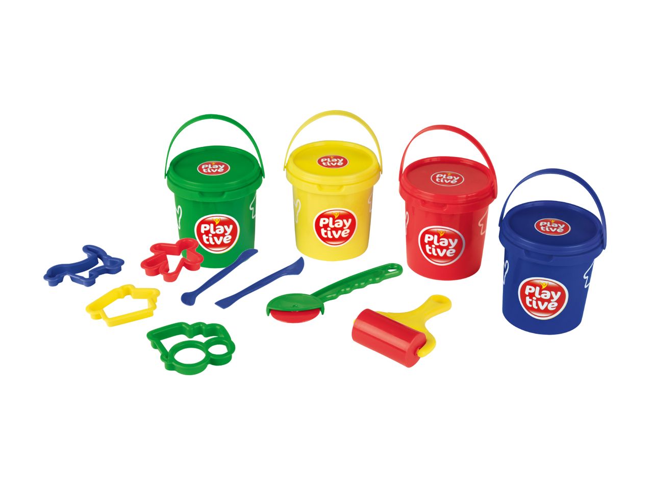 Farverig Play-Doh-lignende modellervoks med tilbehør i spande.