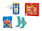 Soxo-Geschenkset mit Zitronenlimonade-Dose, Socken und Gummibärchen.
