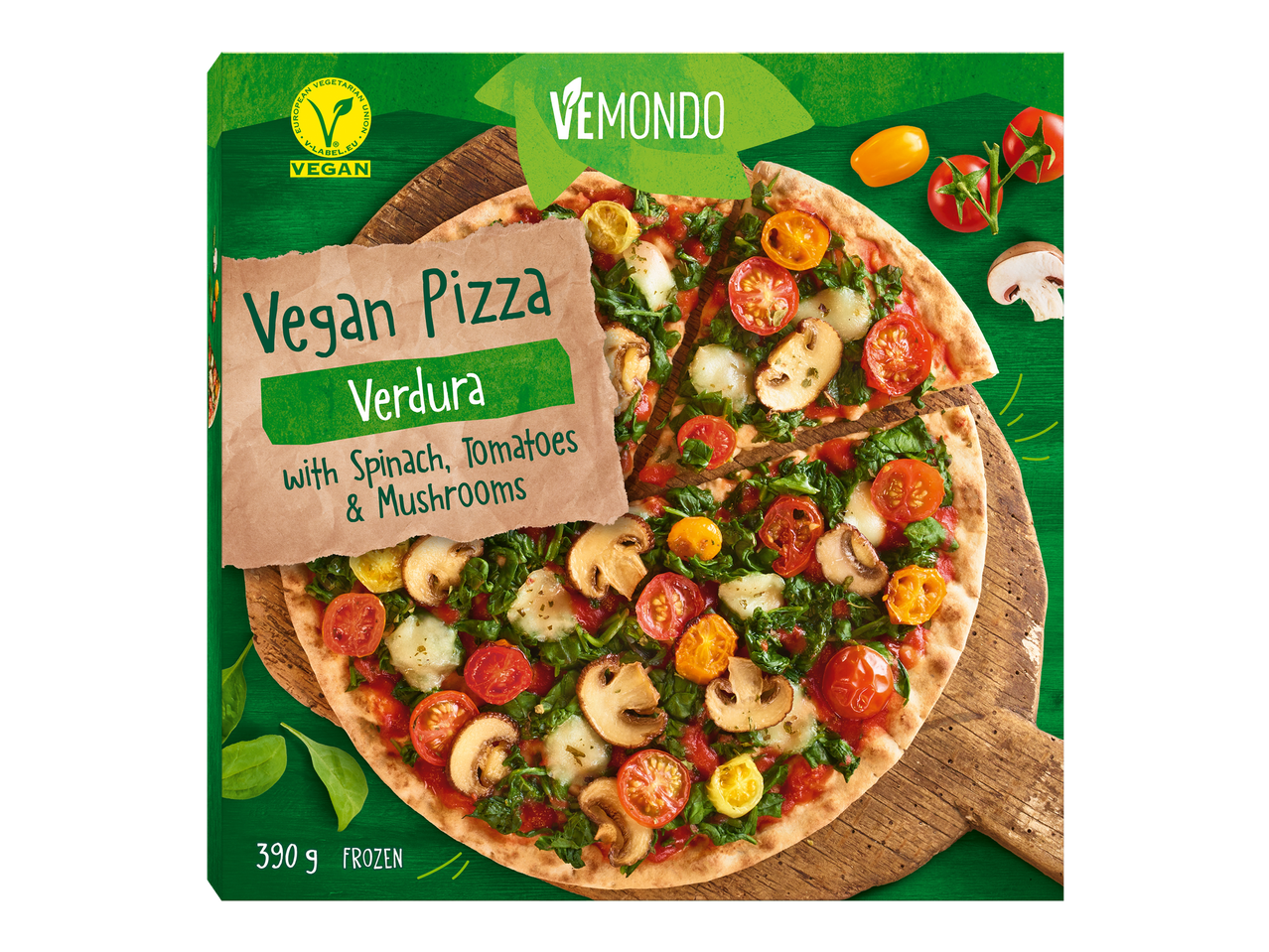 Pizza vegană Vemondo Verdura cu spanac, roșii și ciuperci.