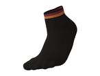 Black ankle sock with maroon and orange stripes.