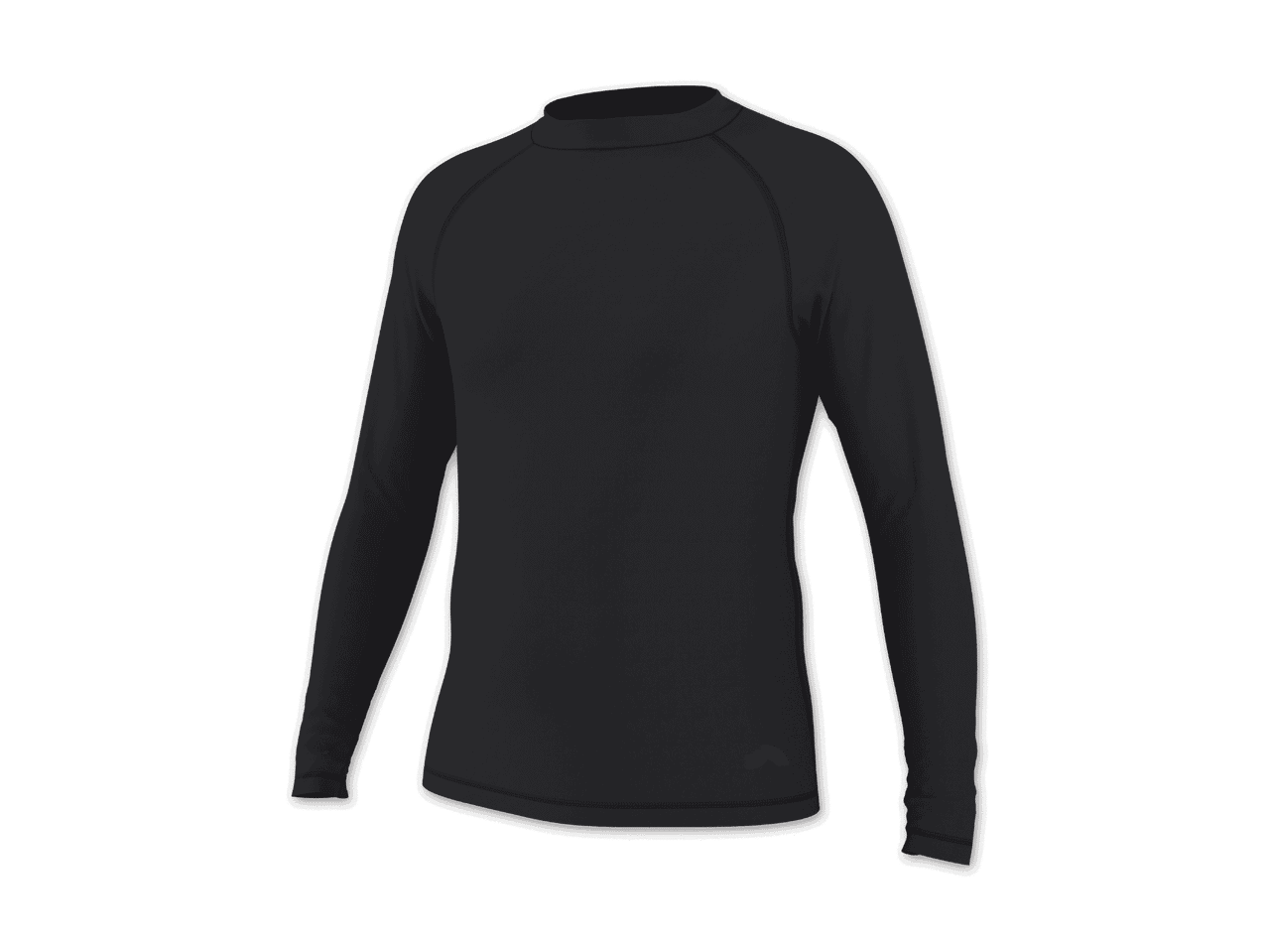 Schwarzes Langarm-Funktionsshirt mit orangefarbenem Logo auf der Vorderseite.