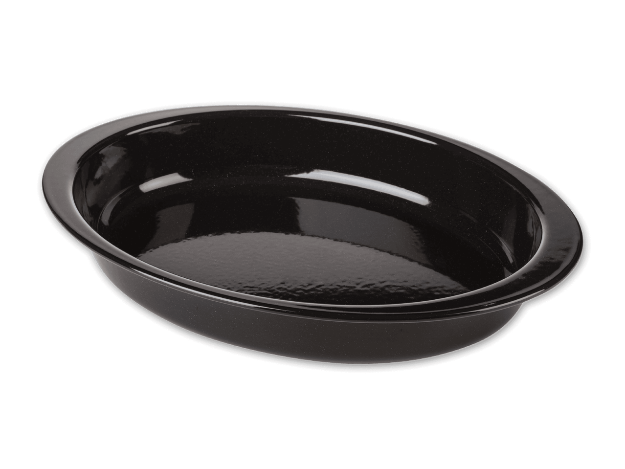 Eine schwarze, ovale Auflaufform aus Emaille.