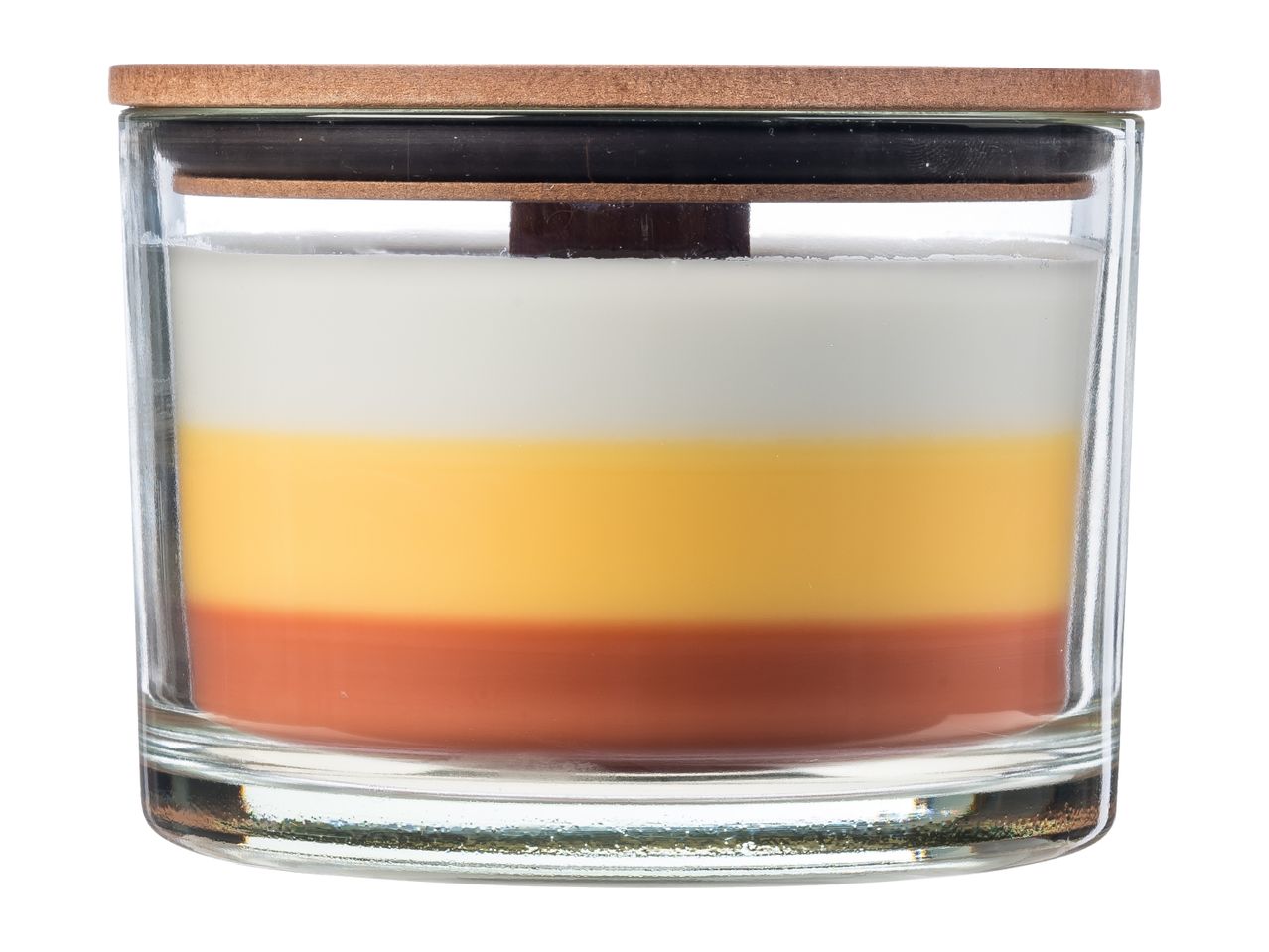 A layered candle in a glass jar with a wooden lid, featuring white, yellow, and orange layers.