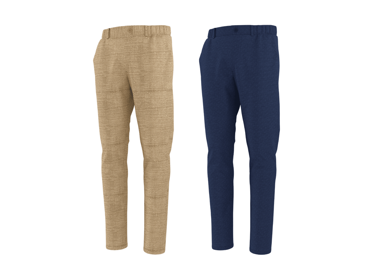 Zwei Herrenhosen: eine beige mit Fischgrätmuster und eine blaue.