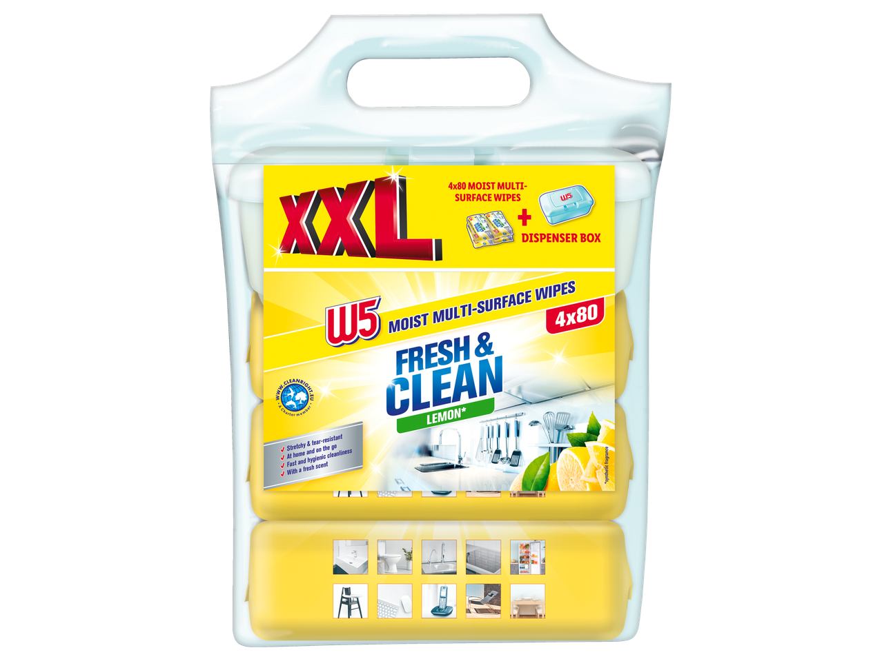 W5 XXL Lemon Fresh & Clean multi-oppervlak doekjes in een dispenserbox.