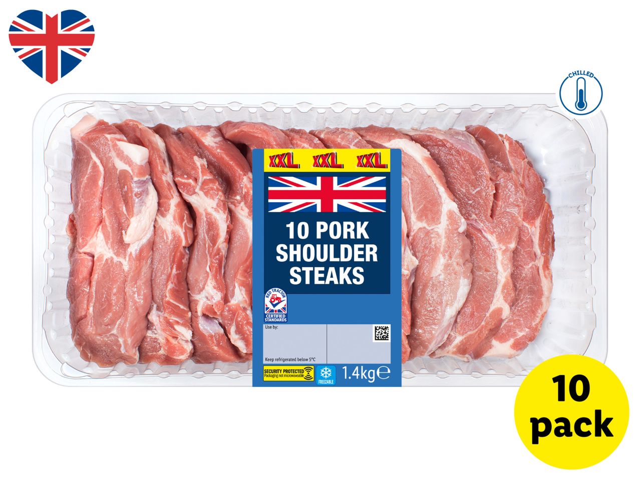 Pack of 10 chilled pork shoulder steaks, 1.4kg, with a Union Jack flag and 'XXL' labels.