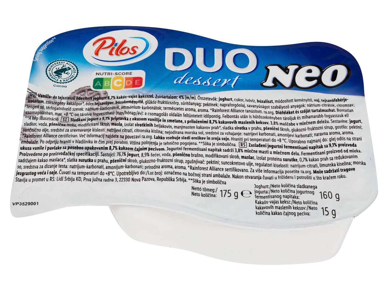 Pilos Duo Neo vaníliás és tejszínes joghurt kakaós-vajas keksszel.