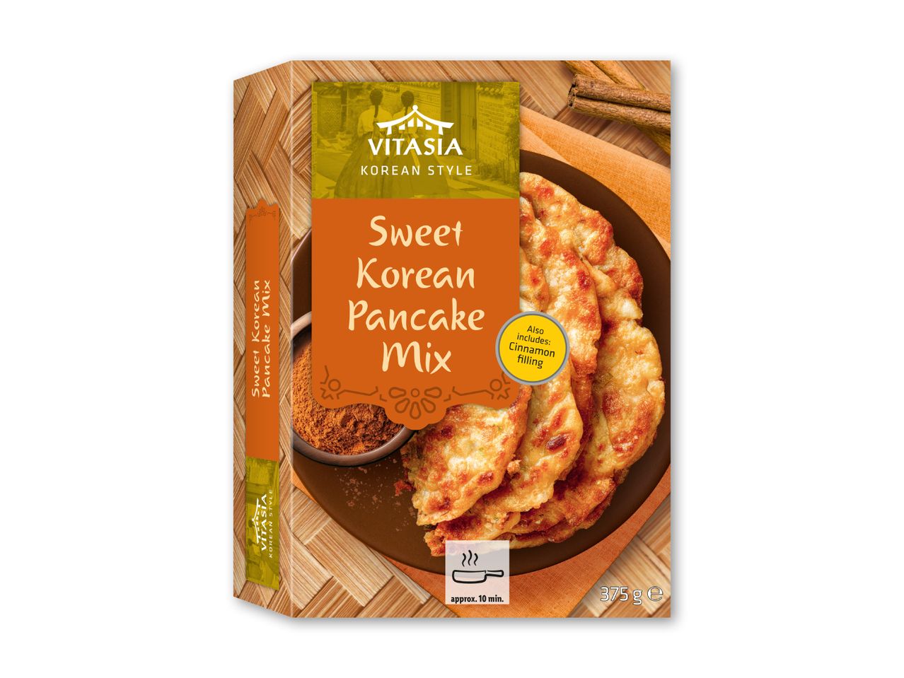 Pakke med sød koreansk pandekagemix med kanelfyld, klar på ca. 10 minutter, 375 g.