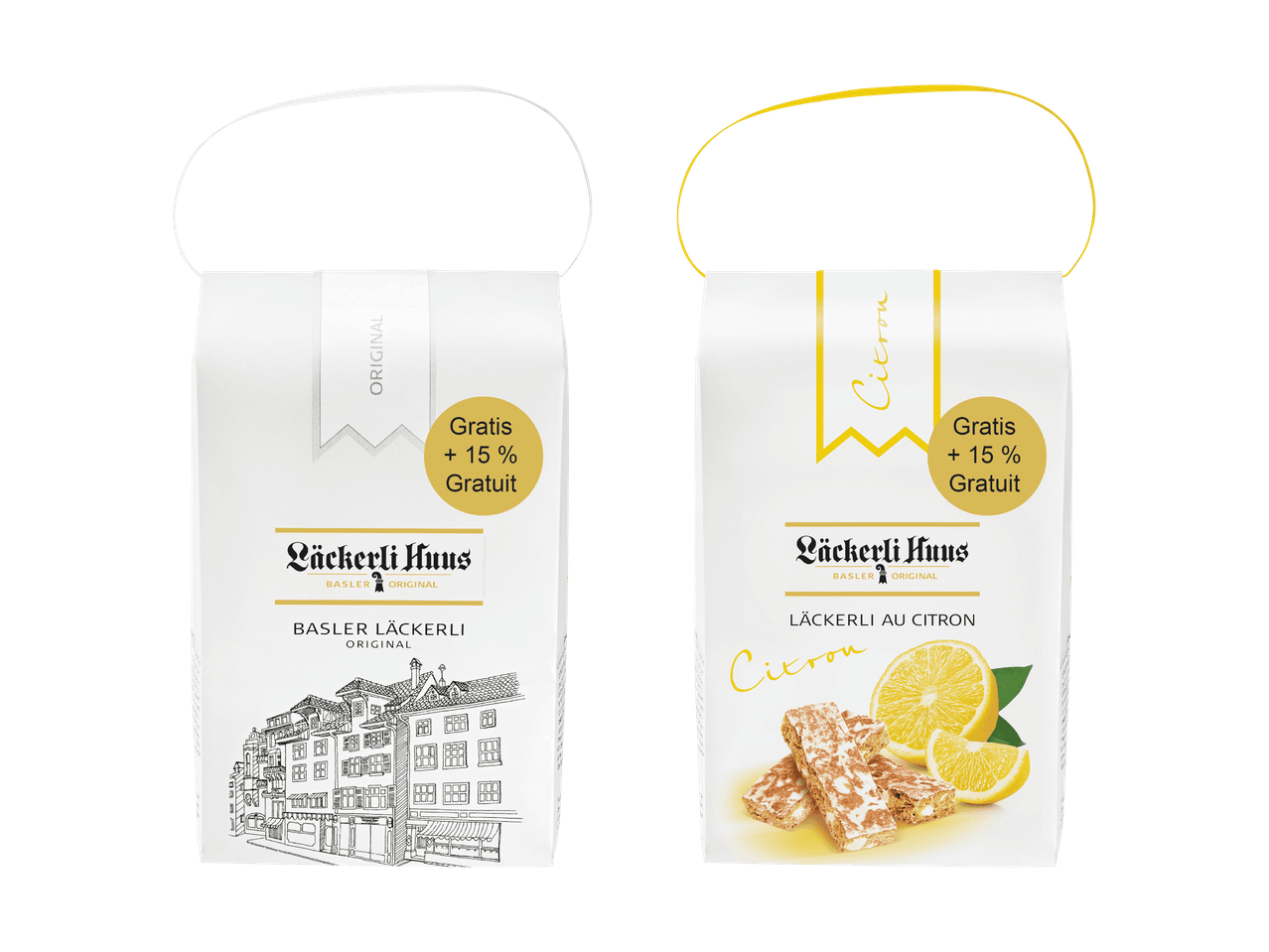 Zwei Packungen Läckerli Huus, eine original und eine Zitrone, mit 15% gratis.
