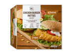 Kasse med 4 sprøde kyllingeburgerbøffer, 500g, med tilberedningsinstruktioner.
