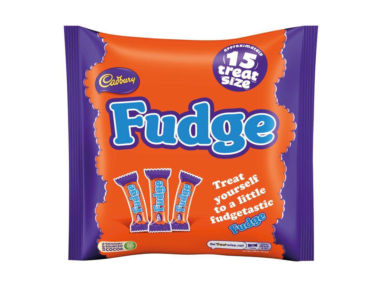 Cadbury Fudge treat size bag with approximately 15 mini fudge bars.