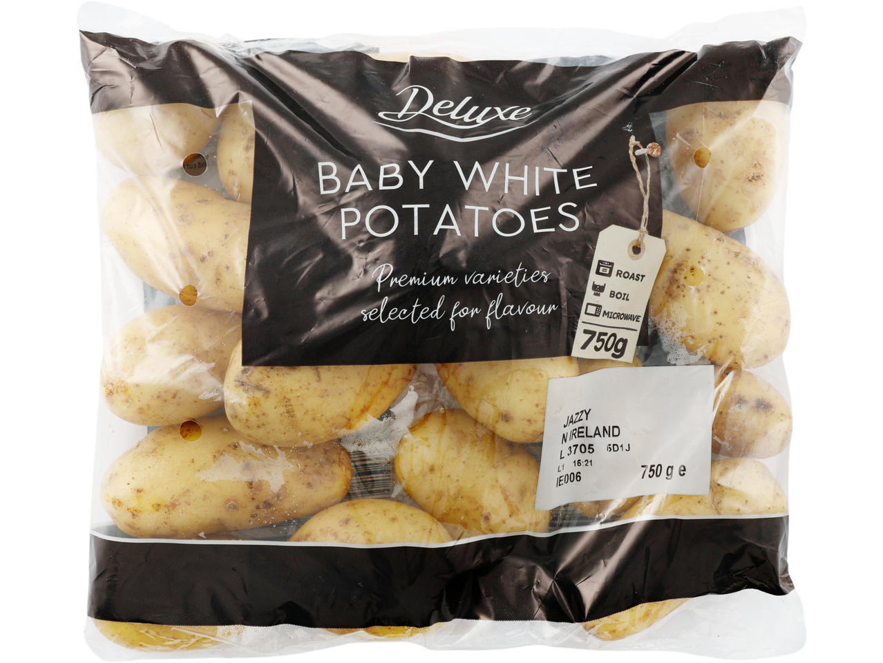 Deluxe Irish Premium Baby Potatoes, 750g, in clear and black packaging.