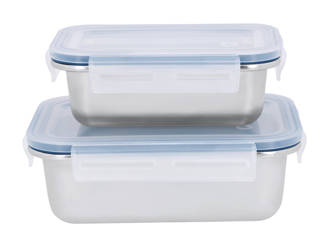 Two rectangular stainless steel food containers with clear lids and blue seals, stacked.