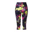 Women's black, pink, and yellow patterned athletic leggings.