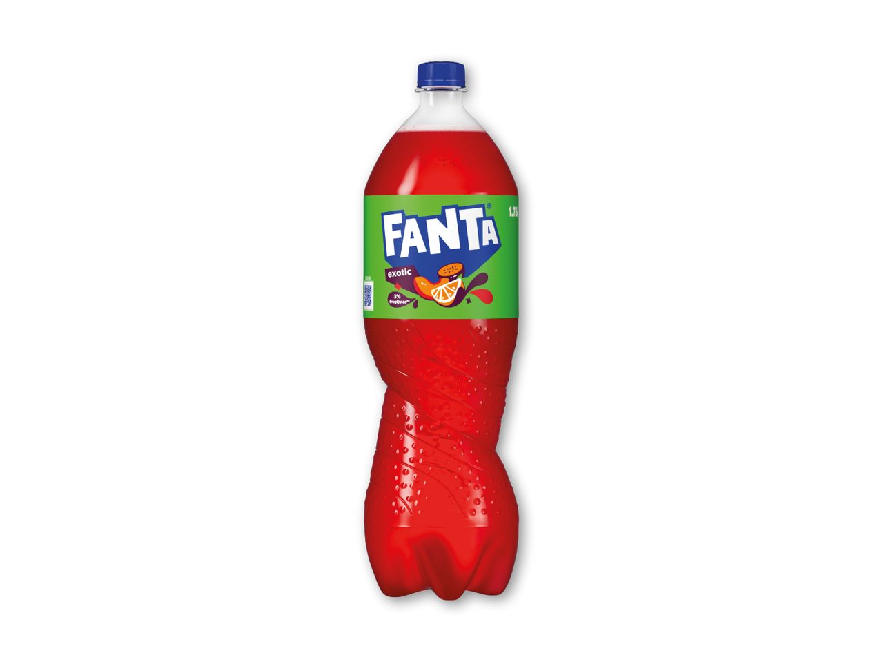 En rød sodavandsflaske med en grøn etiket, der viser eksotiske frugter og teksten 'exotic'.