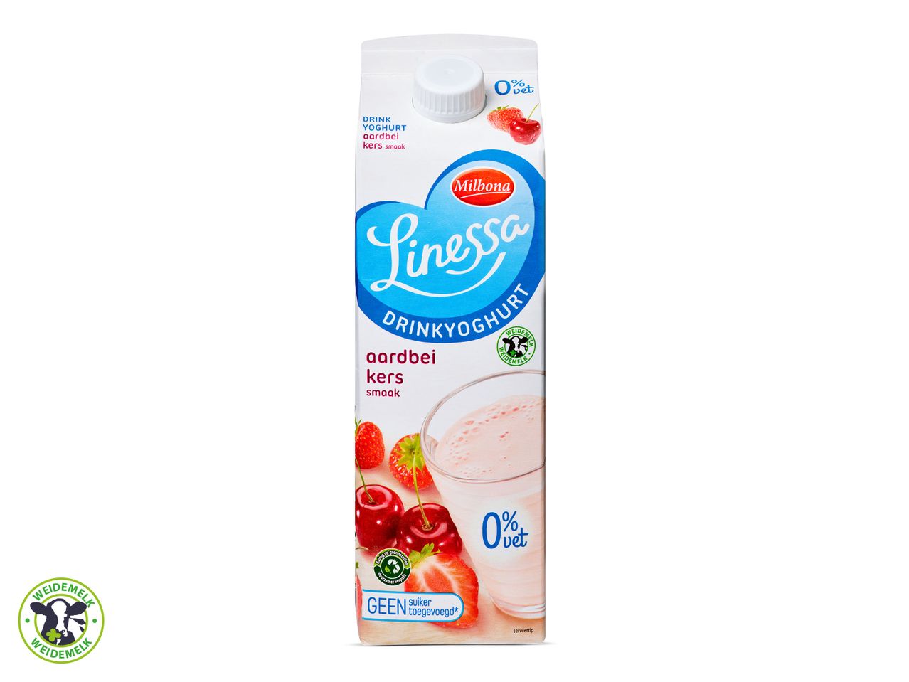 Milbona Linessa drinkyoghurt, aardbei en kers smaak, 0% vet.
