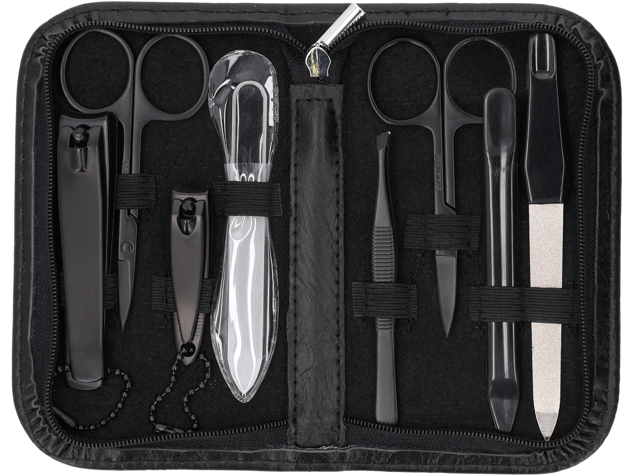 Cien BEAUTY manikyrset med svarta saxar, nagelklippare, pincett och fil i en svart väska.