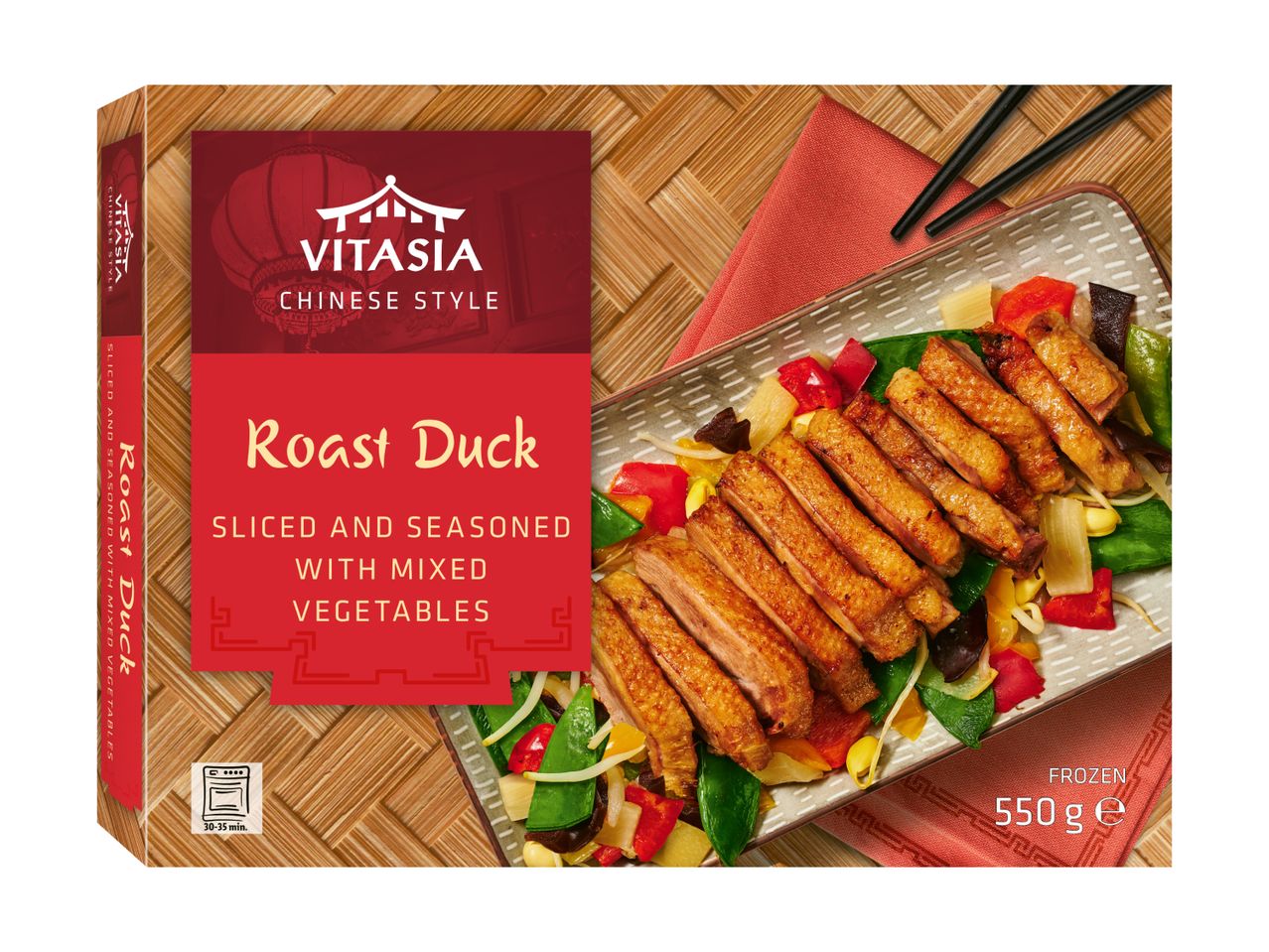 VitAsia Chinese Style Roast Duck: Sliced and seasoned roast duck with mixed vegetables, frozen 550g.