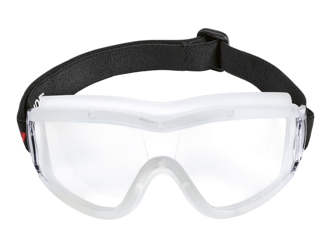 Clear safety glasses with a black adjustable strap.
