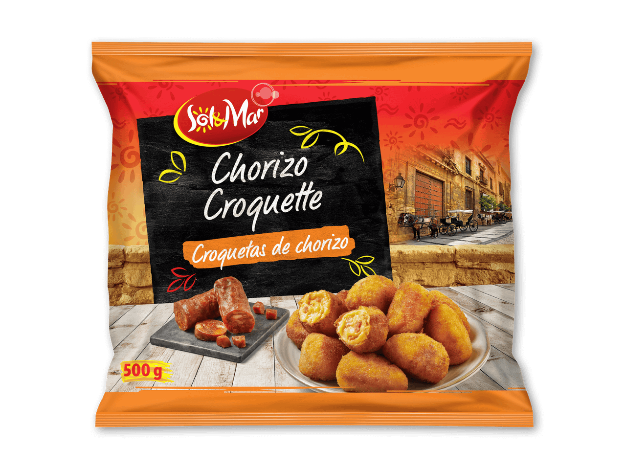 Chorizo-kroketter i en pose med spansk tema, der viser chorizo og kroketter.