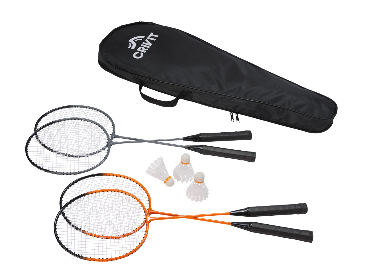 Set za badminton s četiri reketa, tri loptice i torbom za nošenje.