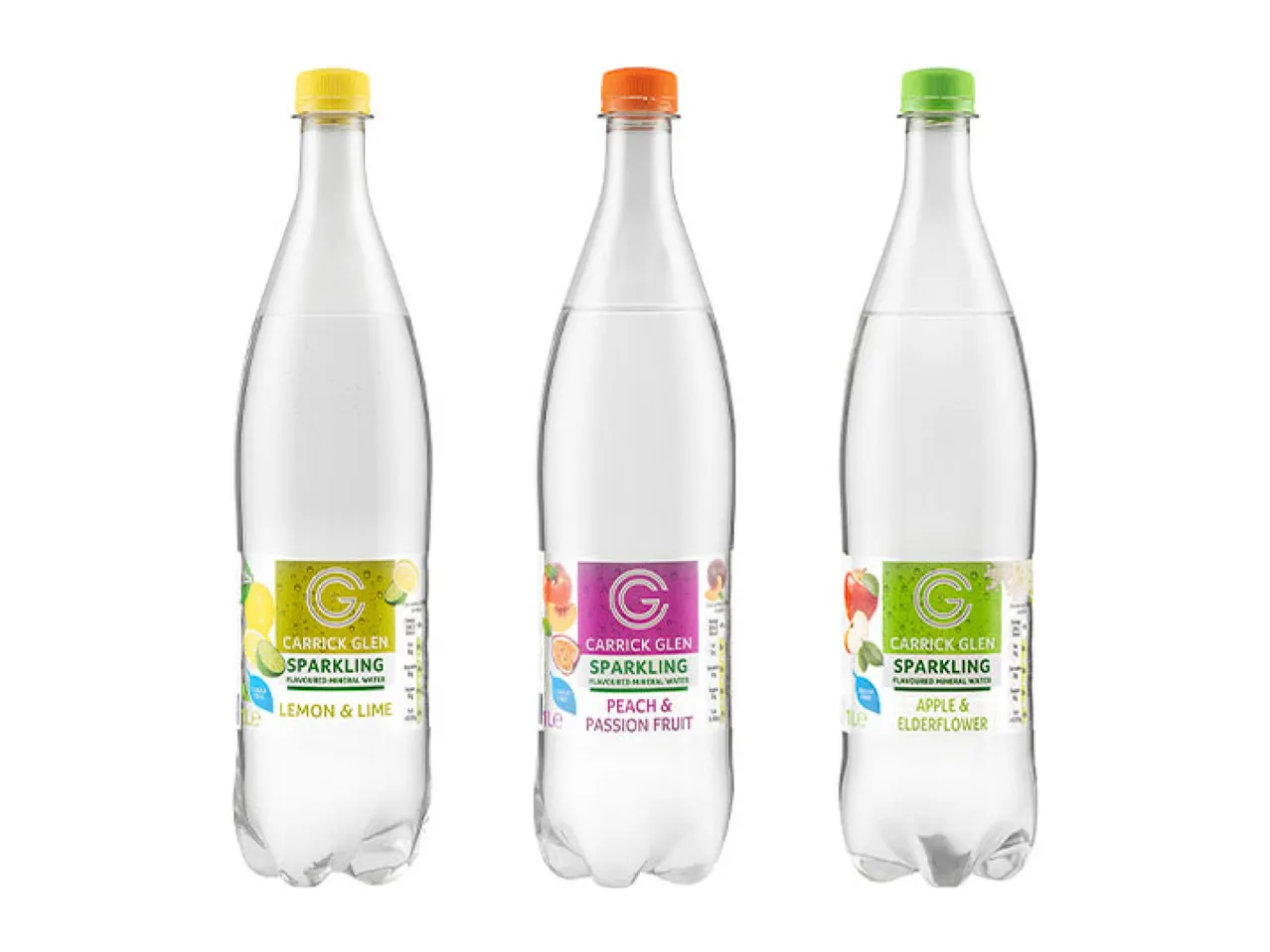 Three bottles of Carrick Glen sparkling flavored mineral water: lemon & lime, peach & passion fruit, and apple & elderflower.