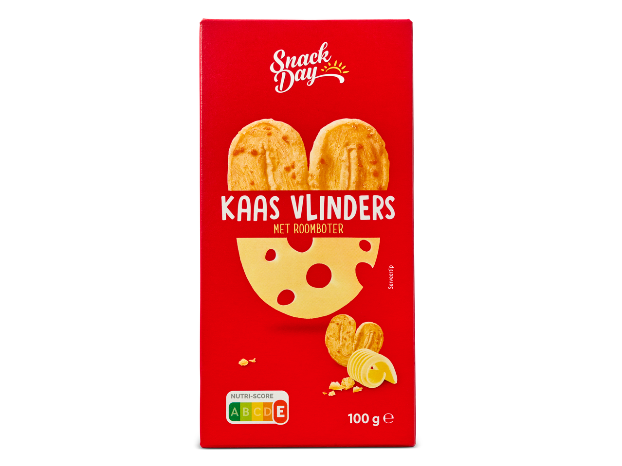 Snack Day Kaas Vlinders: kaas en boter koekjes, 100g verpakking.