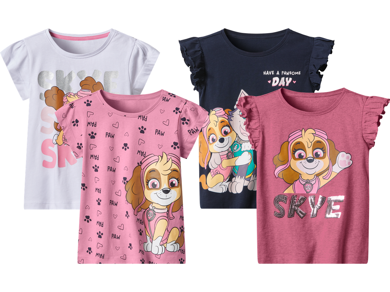 Fyra Paw Patrol-t-shirts för flickor med olika motiv och stilar.