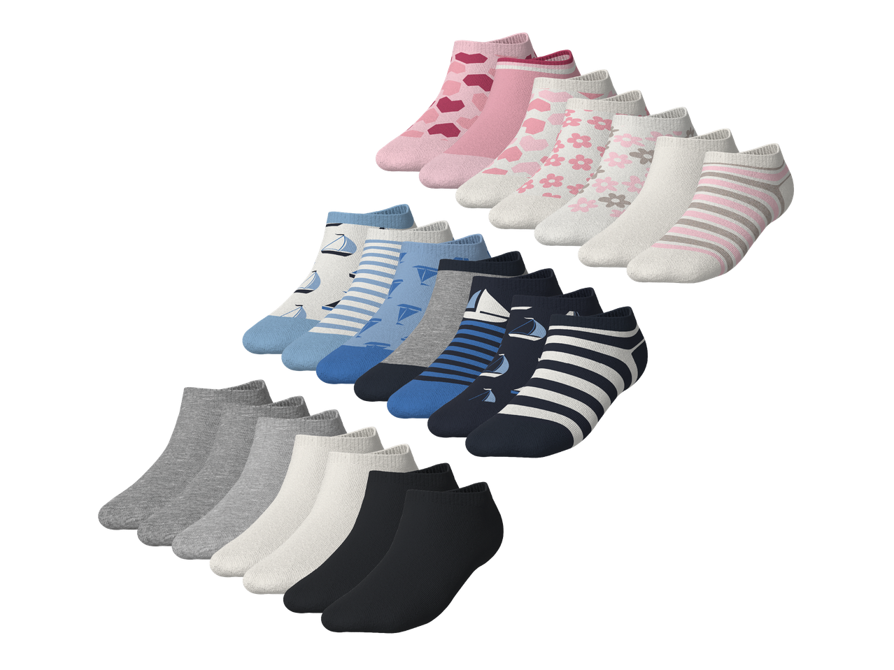 Set od 18 pari ženskih i muških kratkih čarapa u ružičastim, plavim, sivim i crnim nijansama, s uzorcima srca, cvijeća, pruga i brodova.