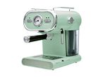 A retro-style SilverCrest espresso machine in mint green with a temperature gauge.