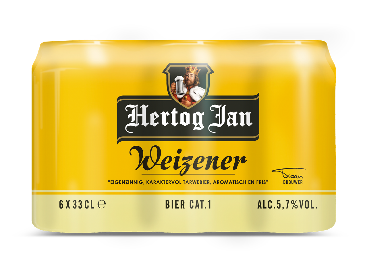 Zes blikjes tarwebier met een koning die een bierpul vasthoudt, 5,7% alcohol.