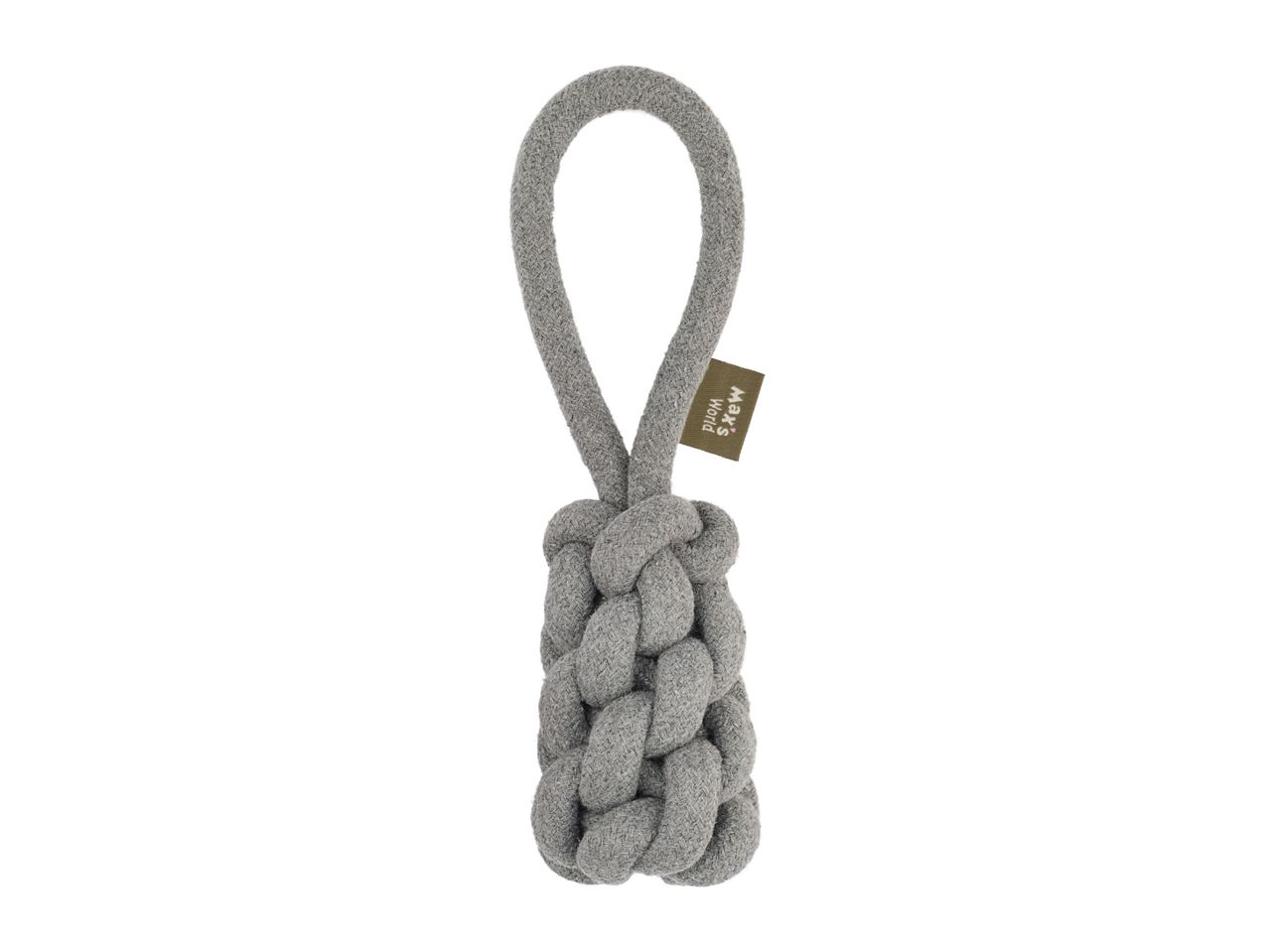 Grey braided rope dog toy with a loop handle