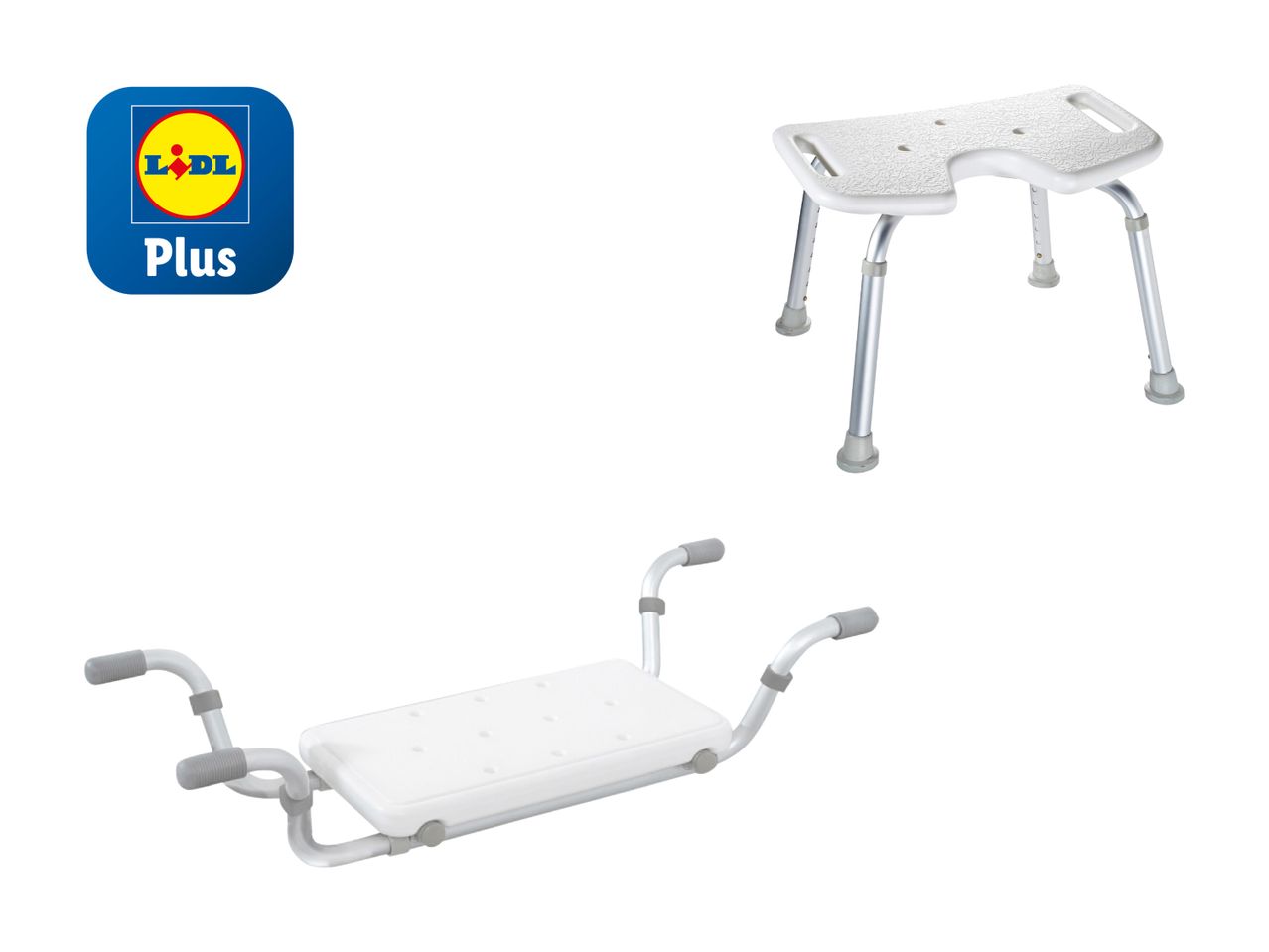 Zwei Lidl Plus Duschstühle: ein Hocker und eine Badewanne-Sitzfläche.