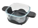 Square glass baking dish with black plastic handles and base