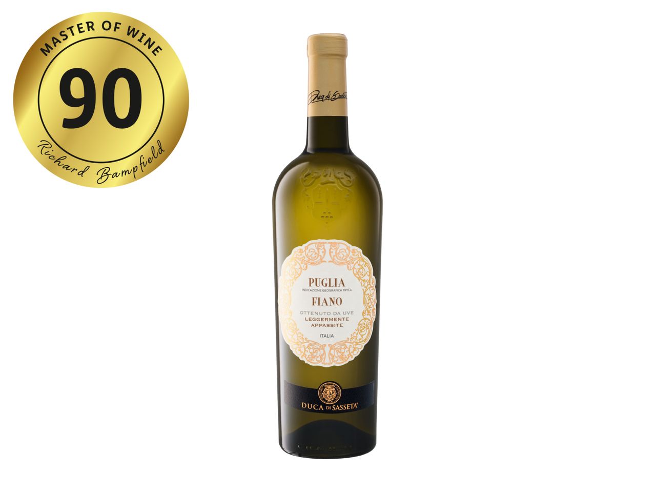 White wine bottle with a gold label, rated 90 by a Master of Wine.