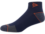 Navy blue hiking socks with orange accents.