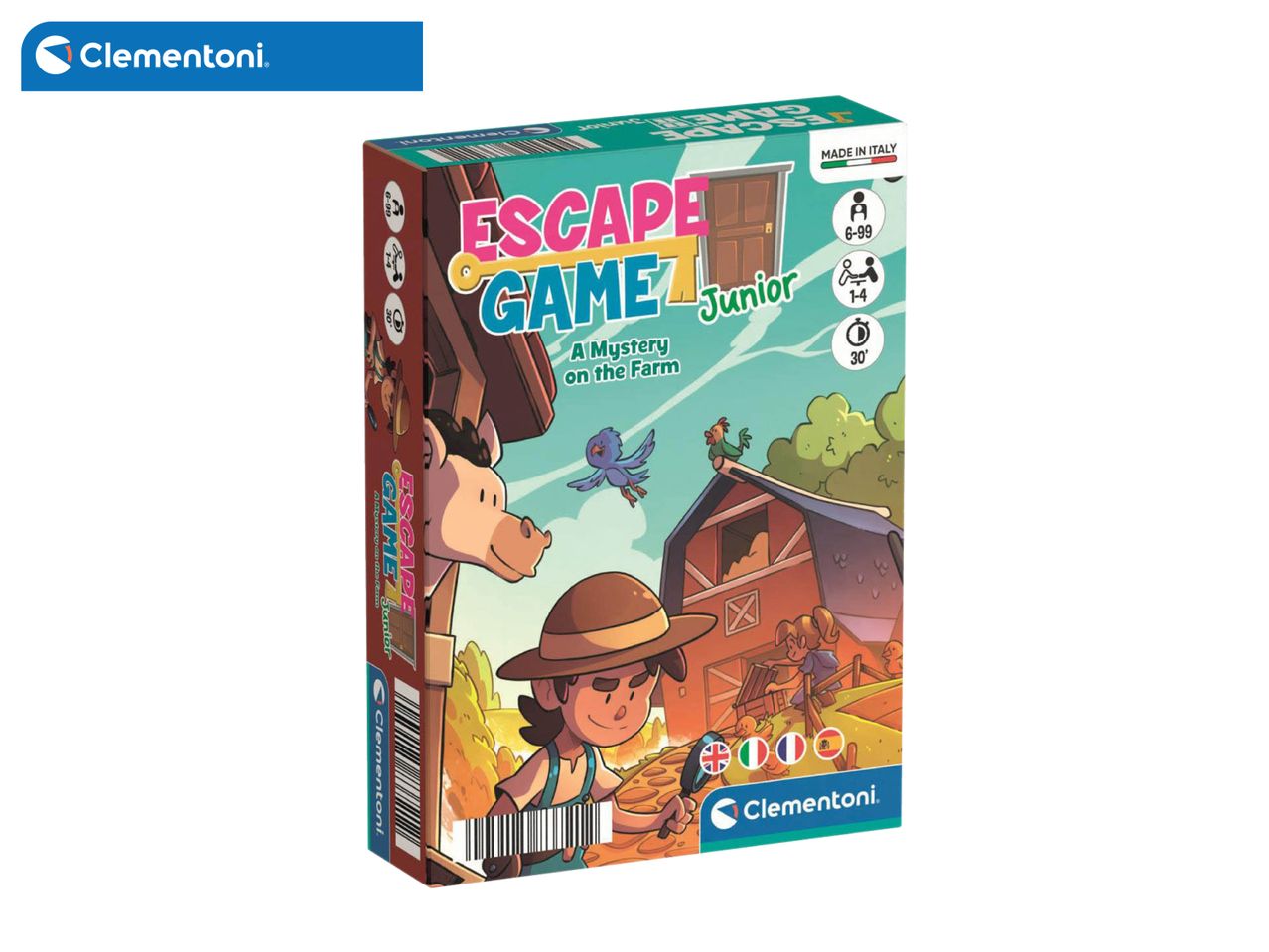 Escape Game Junior: A Mystery on the Farm board game for ages 6-99, 1-4 players, 30 minutes.