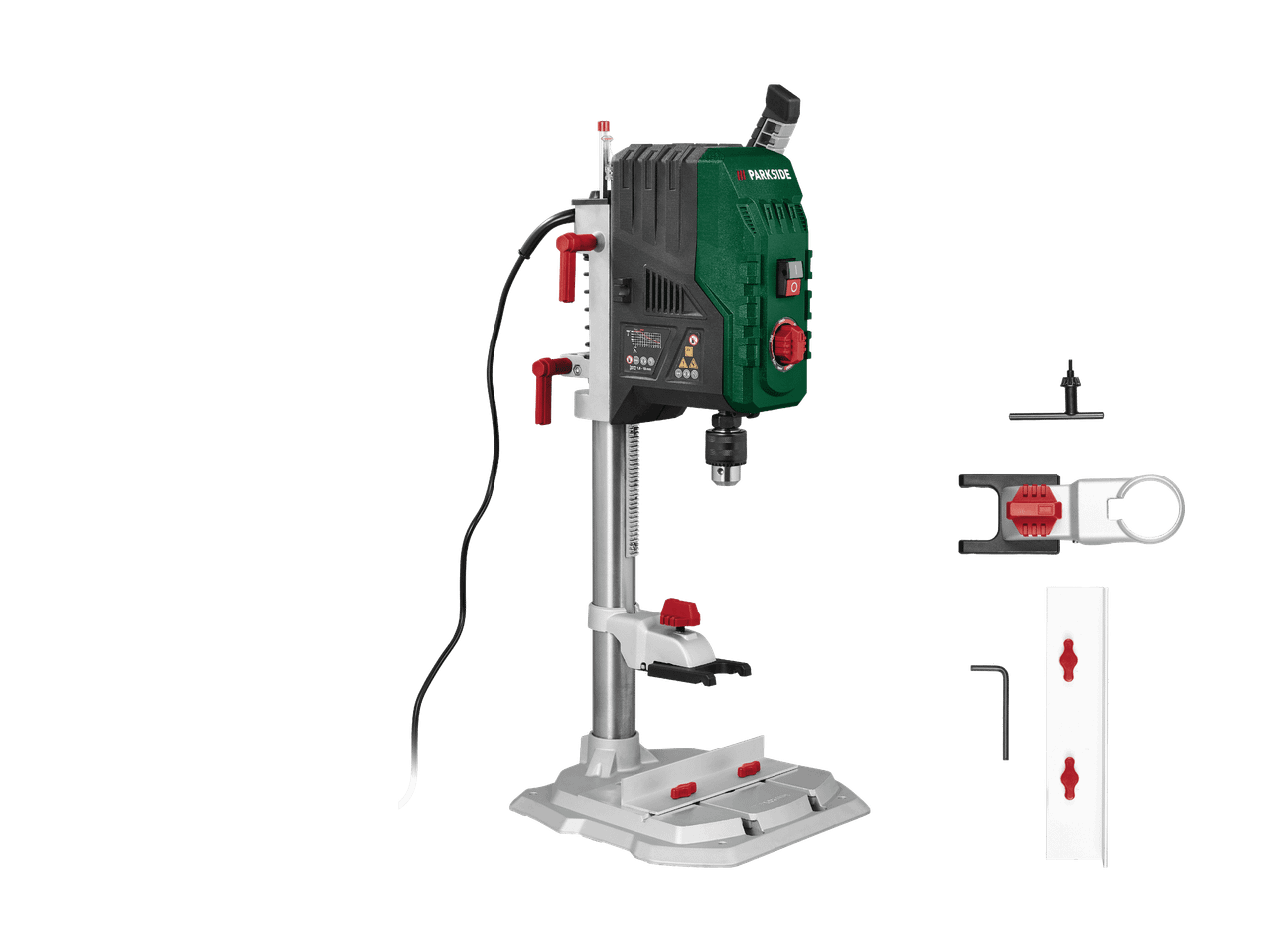 Perceuse à colonne avec accessoires, base grise et corps vert et noir