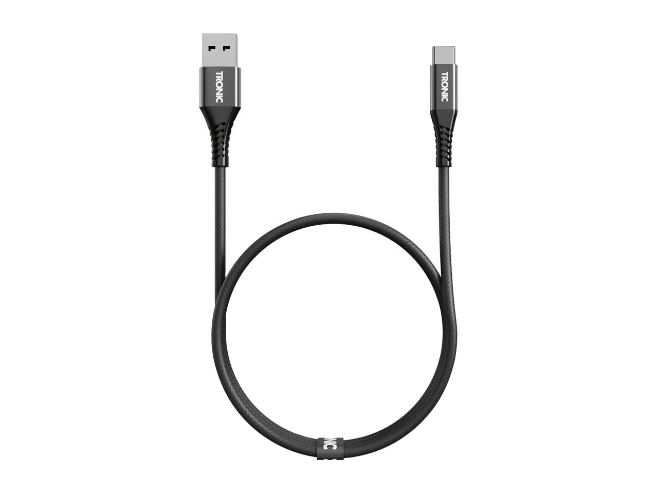 Black USB-A to USB-C charging cable with braided design