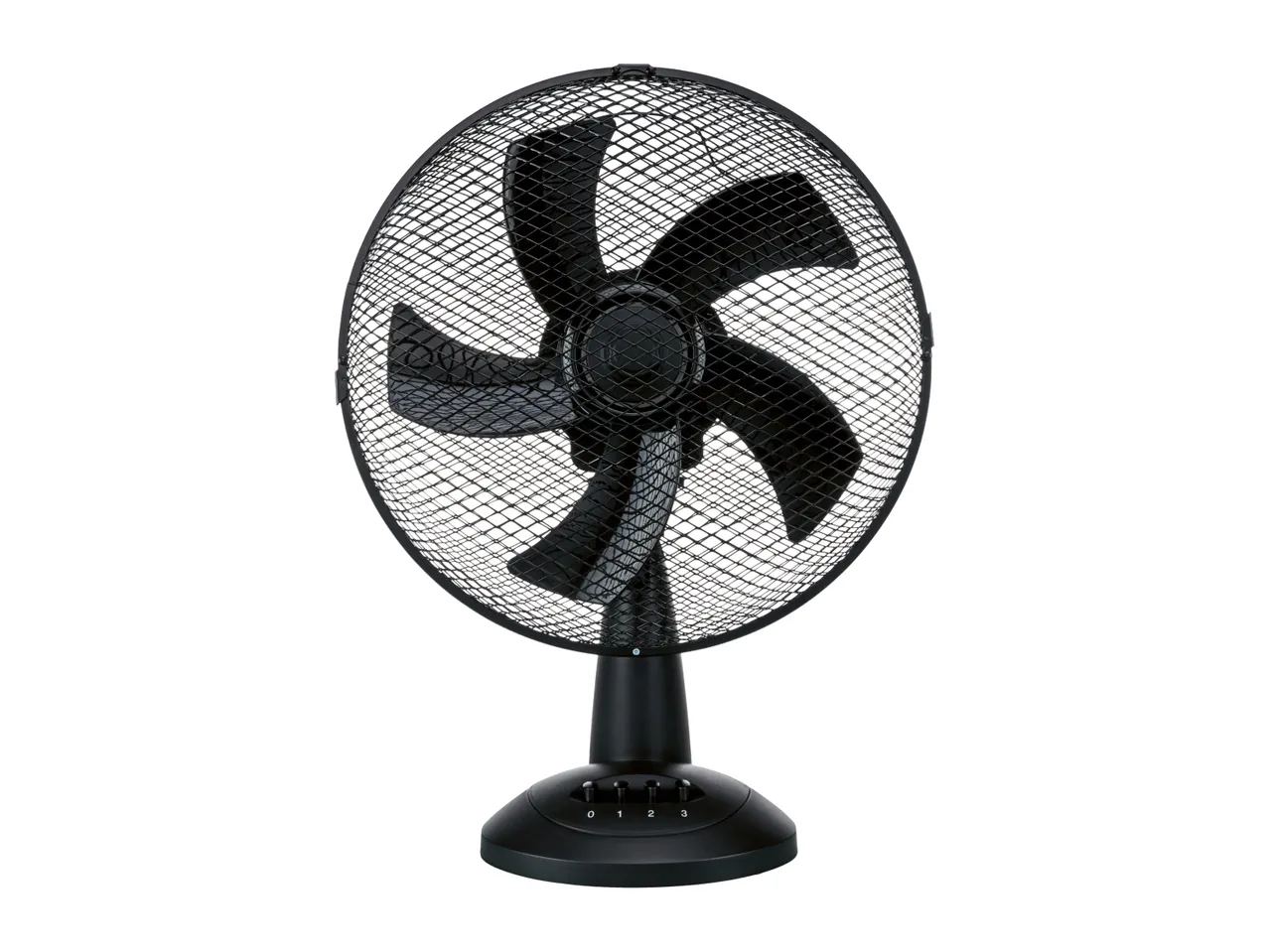 Black table fan with a protective mesh and speed control buttons on the base.