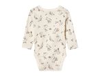 Cream-colored baby bodysuit with a pattern of bunnies and pink flowers.